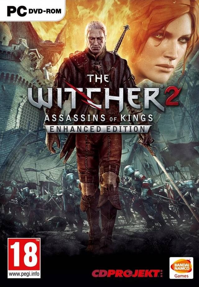 Witcher 2 box art showing a white-haired man in leather armour walking towards the camera, while a battle rages behind them. He has his sword drawn. It's Geralt of Rivia and he doesn't look pleased.