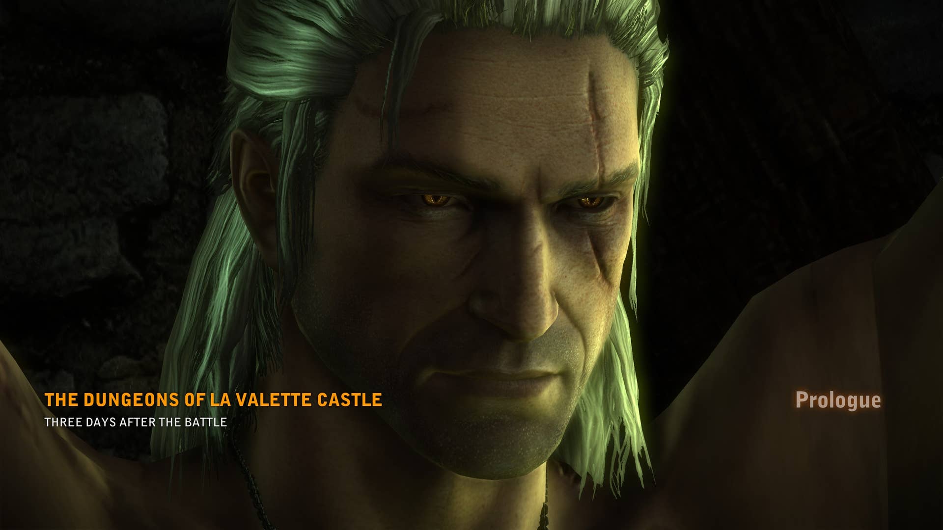 A close-up of a white-haired man's face, who has a large horizontal scar over his right eye. He has cat-like owls. It's Geralt in The Witcher 2.