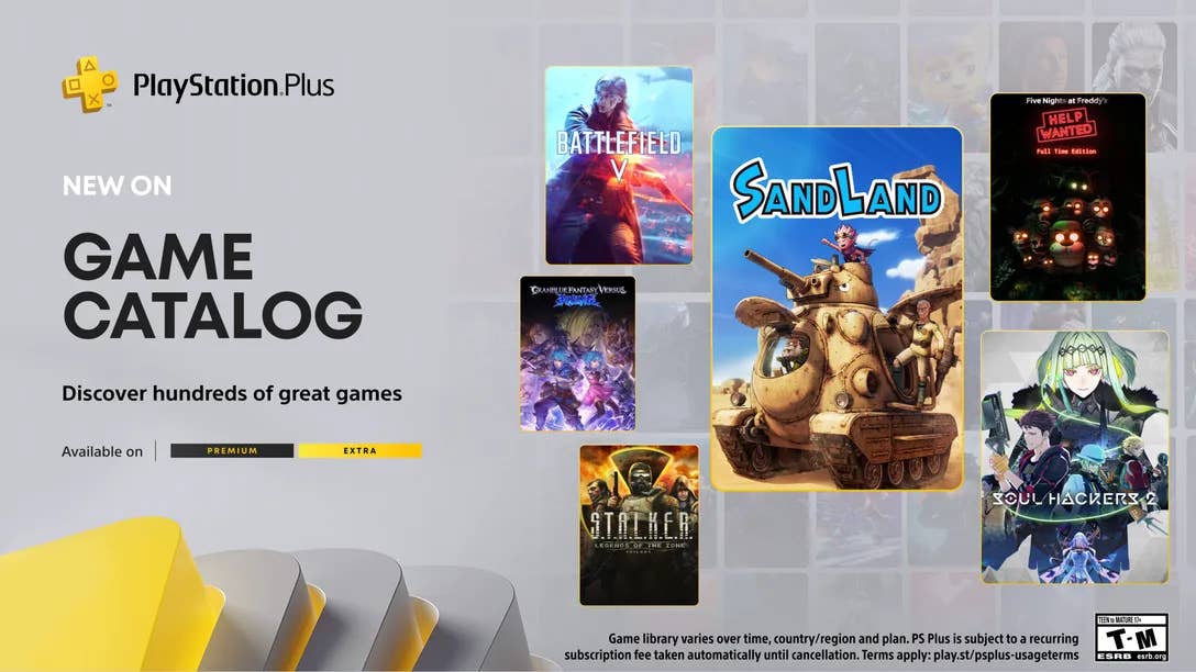 PS Plus image for May 2025 showing covers of new additions, including Sand Land, Battlefield 5 and Soul Hackers 2