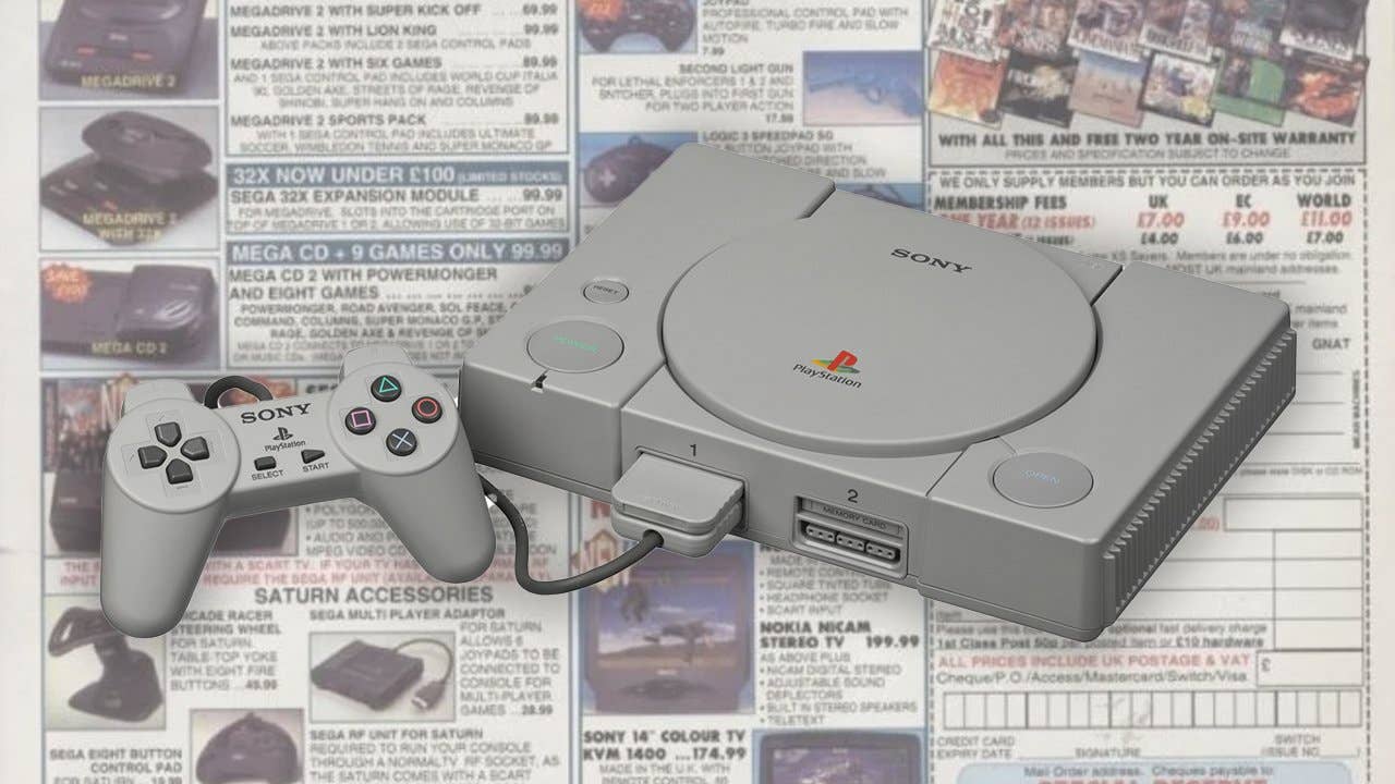 An original PlayStation console and controller over the top of a Special Reserve print advert.