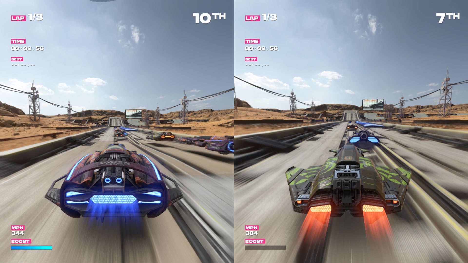 Two futuristic vehicles race on a desert highway with sci-fi vibes and electricity pylons.