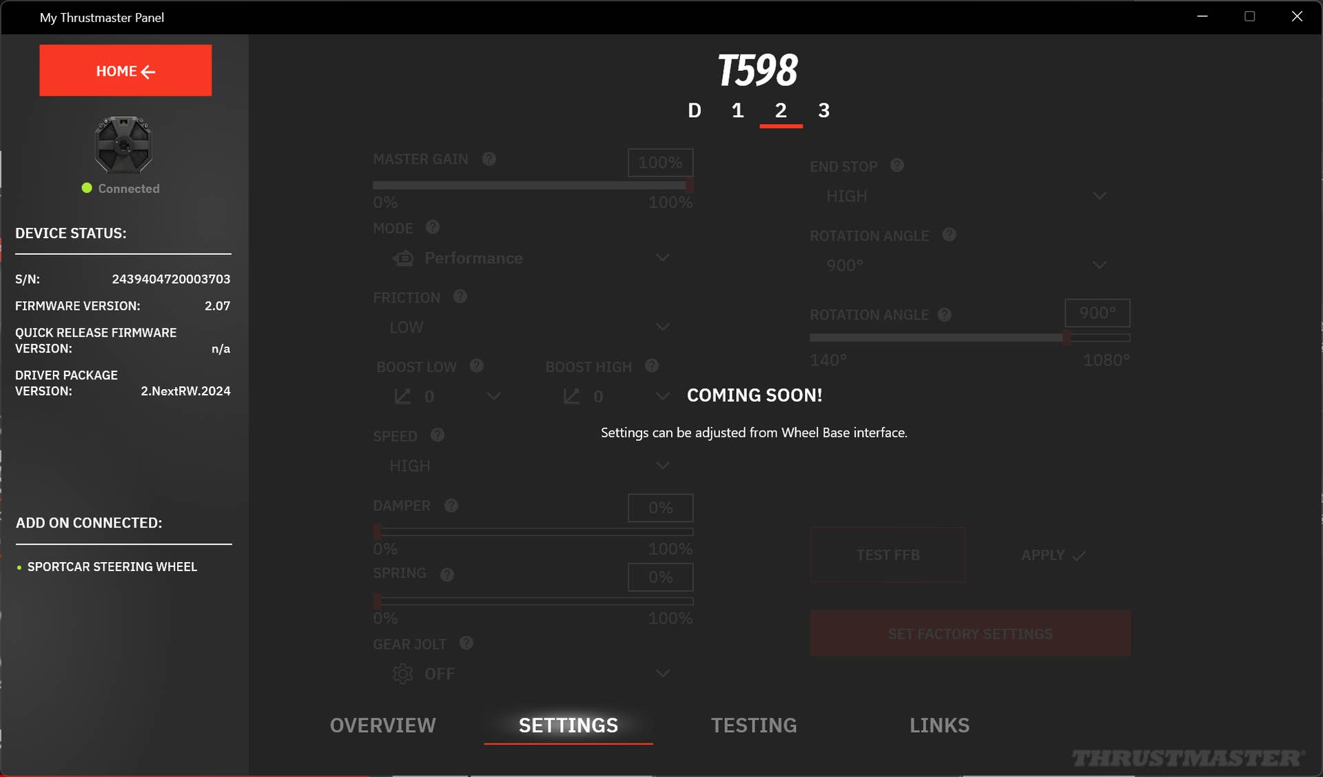 Thrustmaster T598 My Thrustmaster Panel app screenshot that says