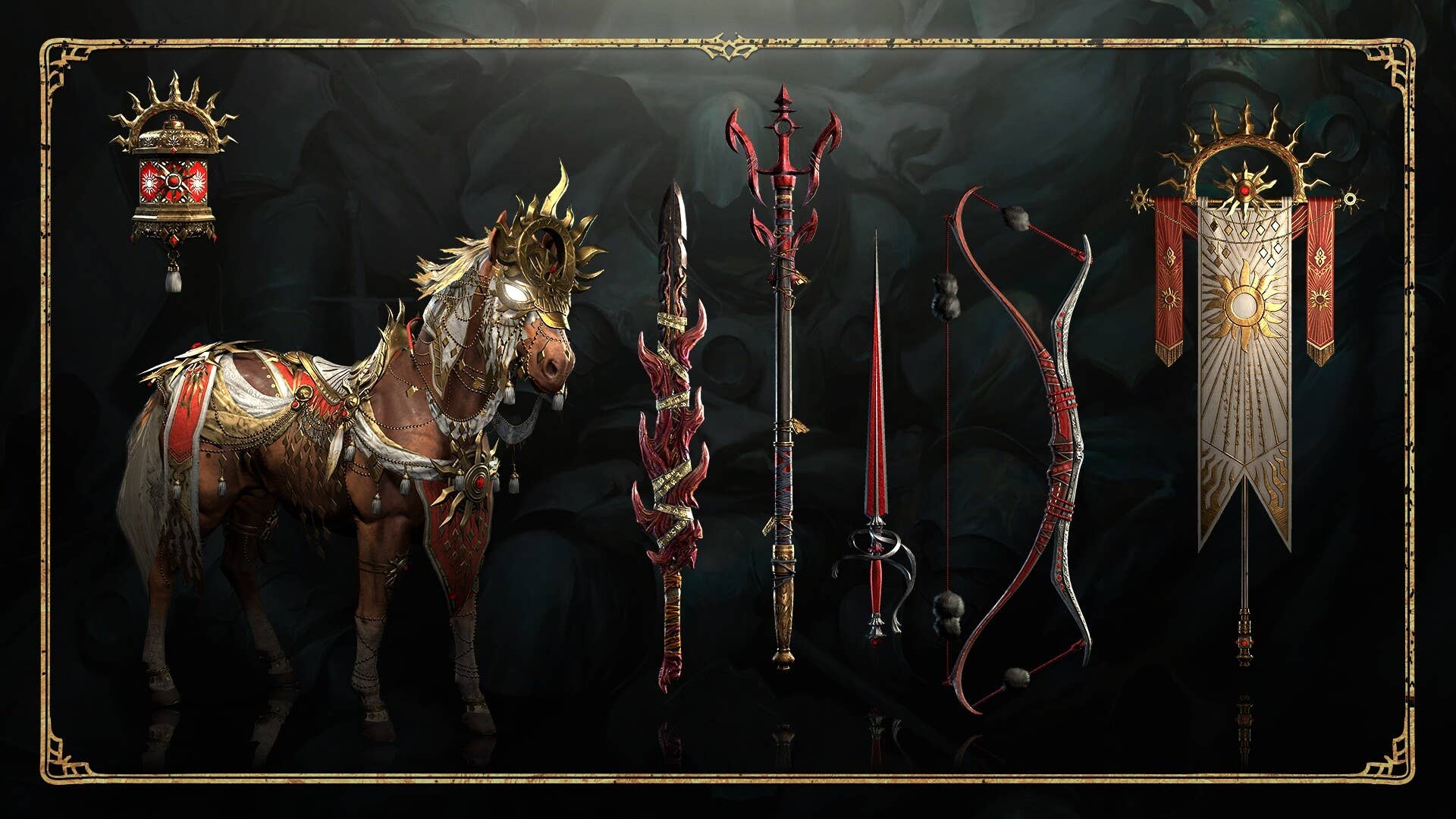 A horse, a sword, a bow, a standard, and some other items in Diablo 4's second anniversary event.