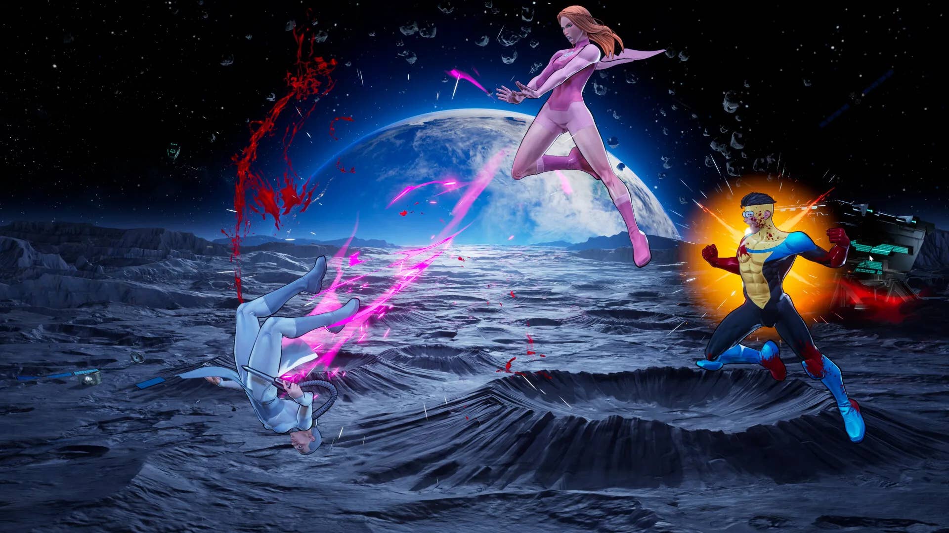 Three fightes battle it out on the surface of the moon, with earth visible in the background. One female fighter in pink slaps an energy beam into a hero wearing blue, who bleeds on impact.
