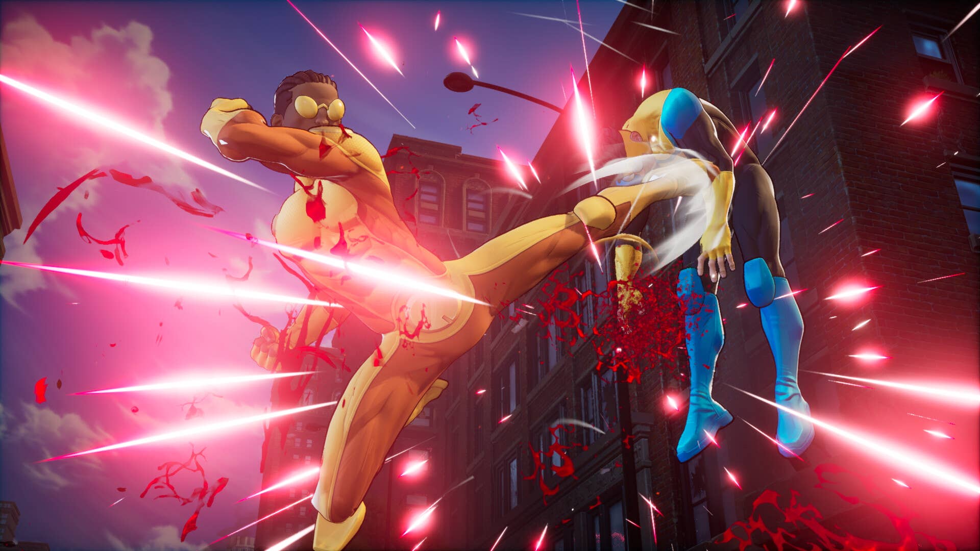 Two superheroes fight in mid-air in Invincible Vs. The art-style is cel-shaded to look like a comic book.