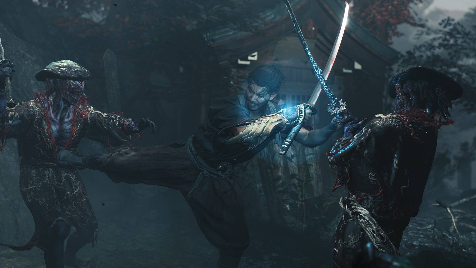 Onimusha protagonist kicks one enemy behind as he clashes swords with another in froint, all in the rain.
