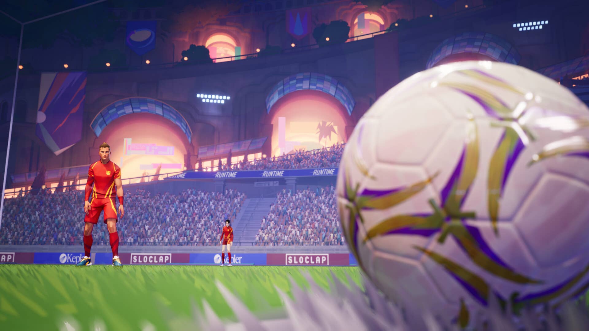 A ball is in the foreground and a player in the distance eyes it in Rematch.