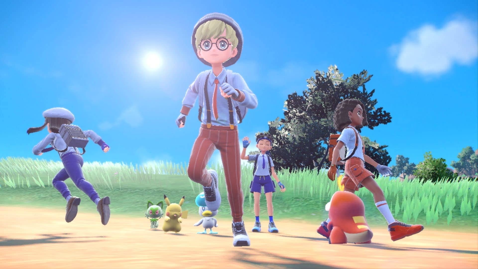 Pokemon Scarlet and Violet trainers walk away from a group huddle.