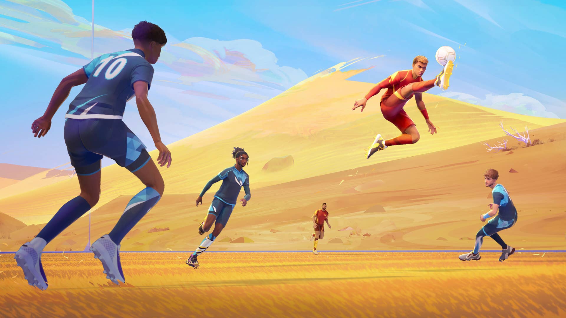 Footballers play against a desert backdrop in Rematch.