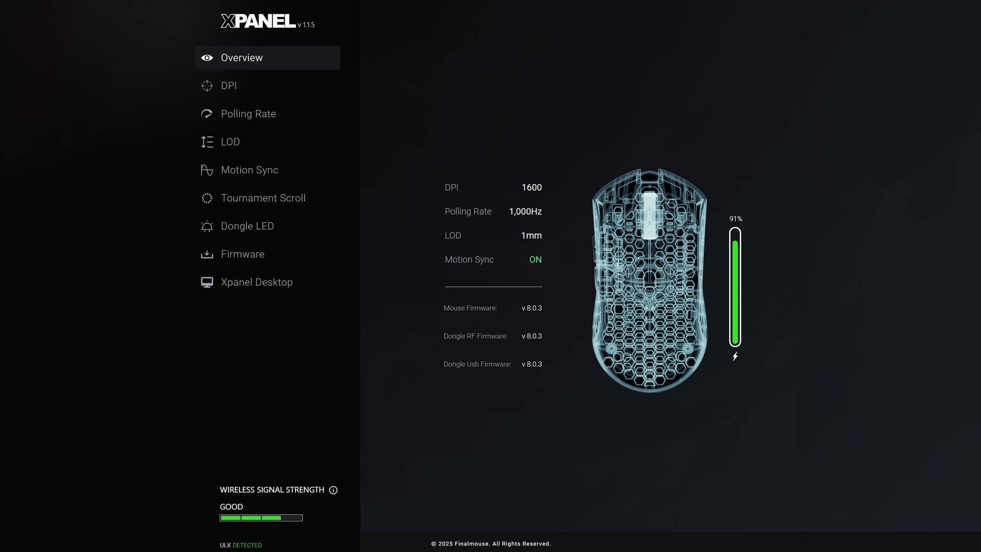 screenshot of finalmouse xpanel software