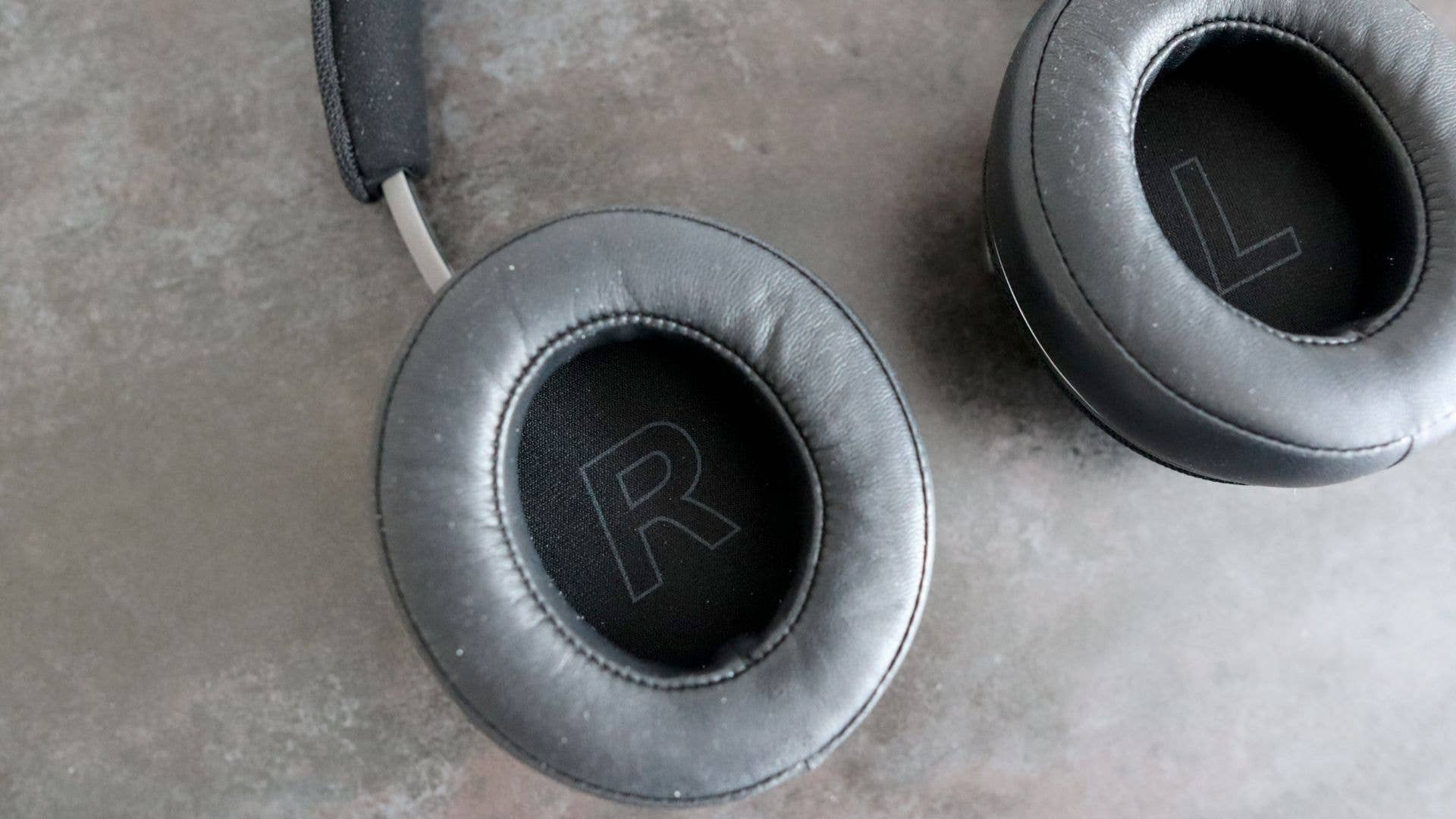 Noble Fokus Apollo headphones laid flat with inside of earcups closeup