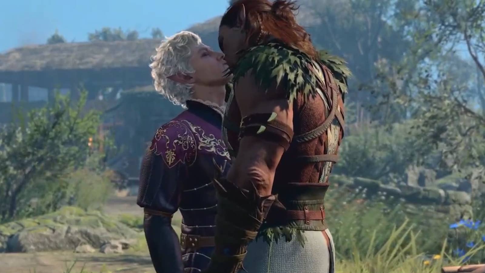 Astarion and Halsin lock lips in Baldur's Gate 3.