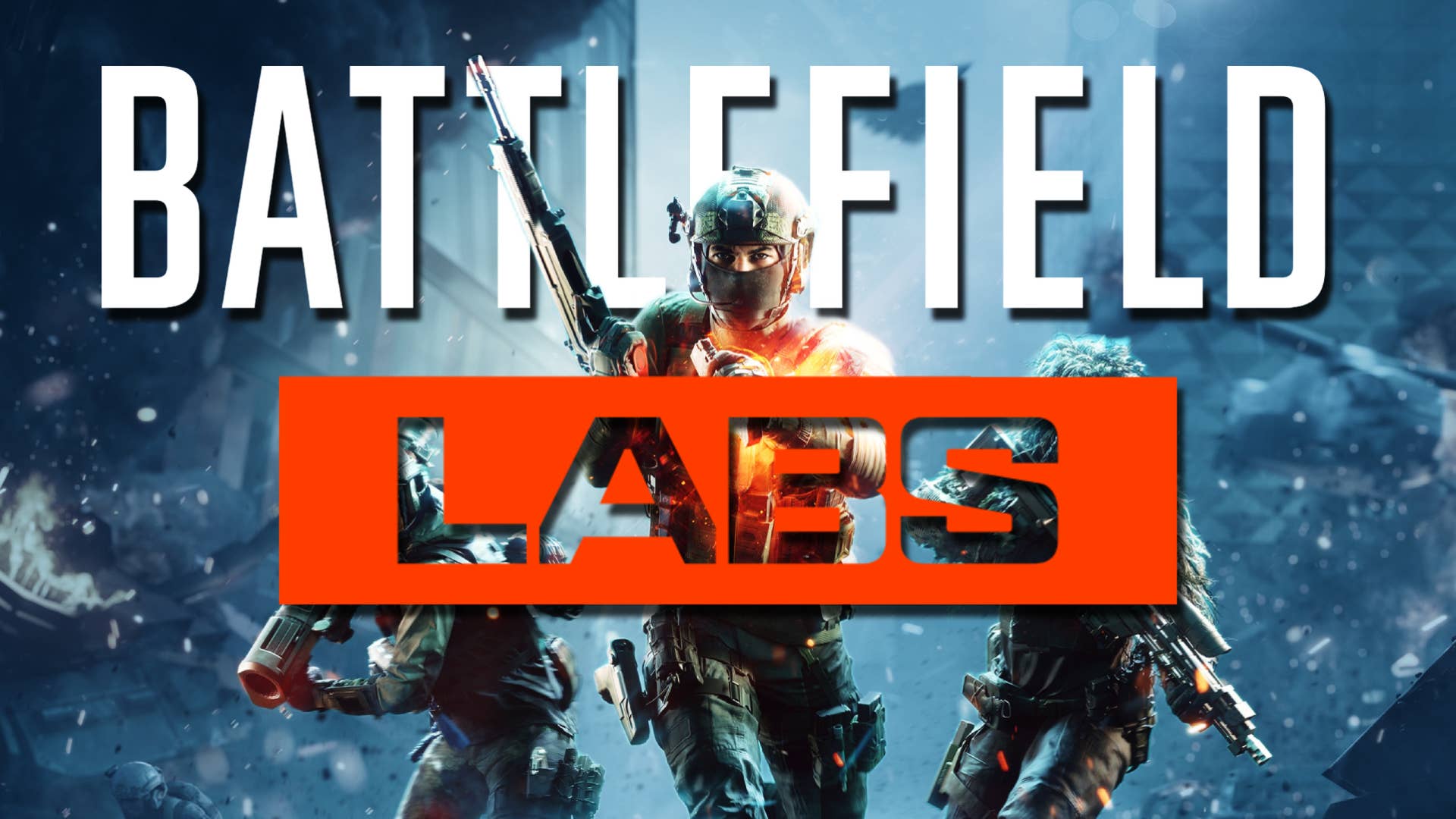 A logo that reads 'Battlefield Labs' with a blue washed background, featuring three soldiers in special ops gear readying towards the viewer.