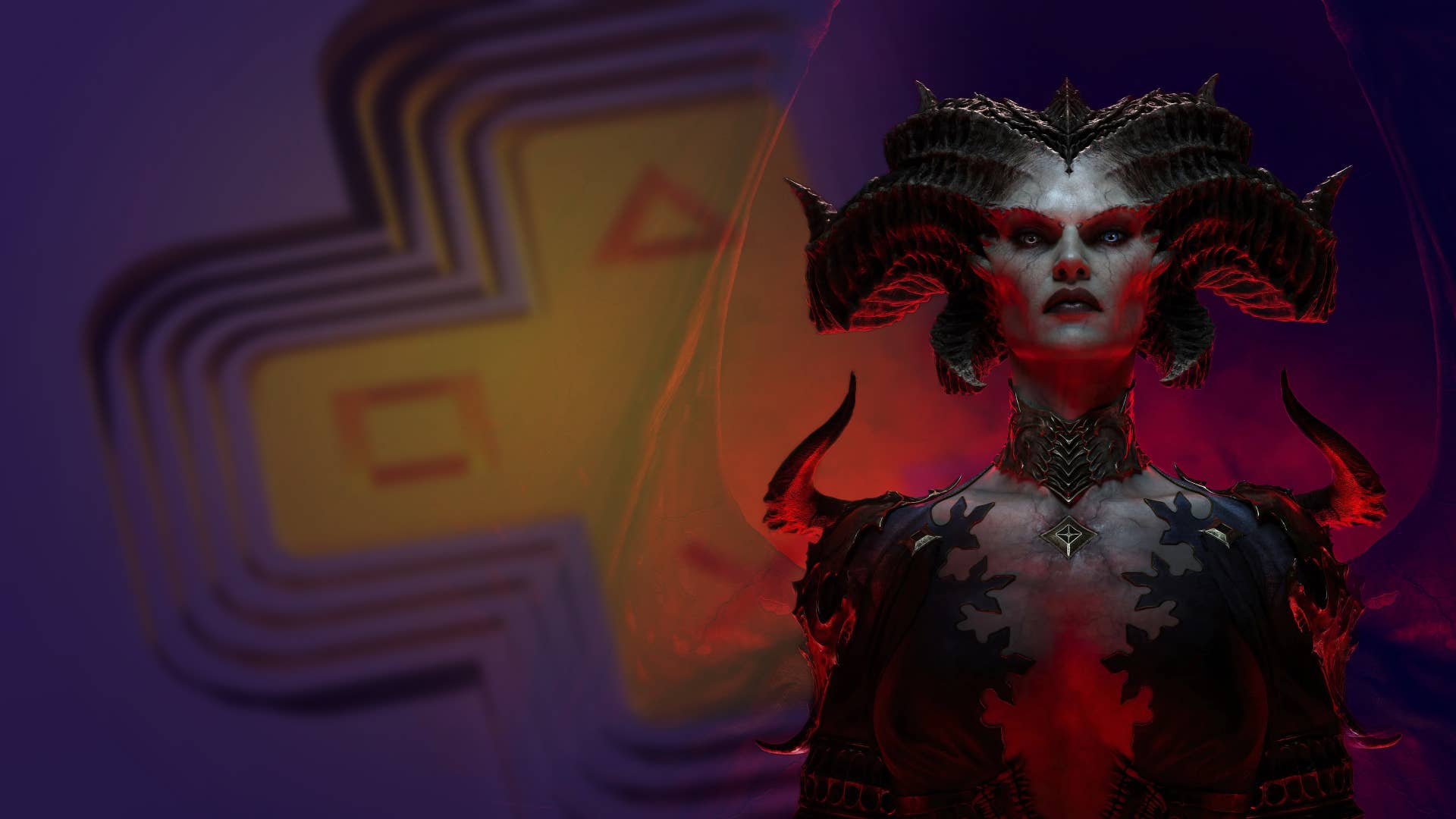 PS Plus logo blurred in the background behind a femme demon with horns and black clothing: Lilith from Diablo 4.
