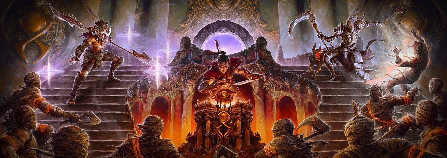 A banner image showing a holy warrior in the middle of a stairway praying on his sword.