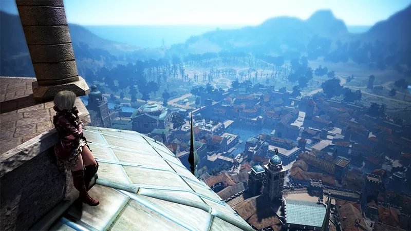 ``Black Desert'' The vast cityscape and mountains in the distance seen from a high place. Expressing the game's beautiful open world.