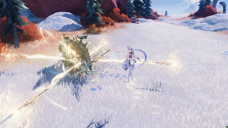 Narushio's character confronts an enemy in a snowy field, a brilliant light attack scene