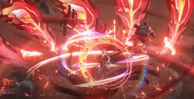 Narushio's character fights against enemies while emitting intense red effects.