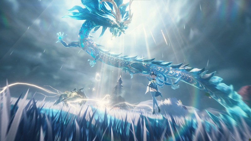Narushio's character confronts an ice dragon in an epic battle scene